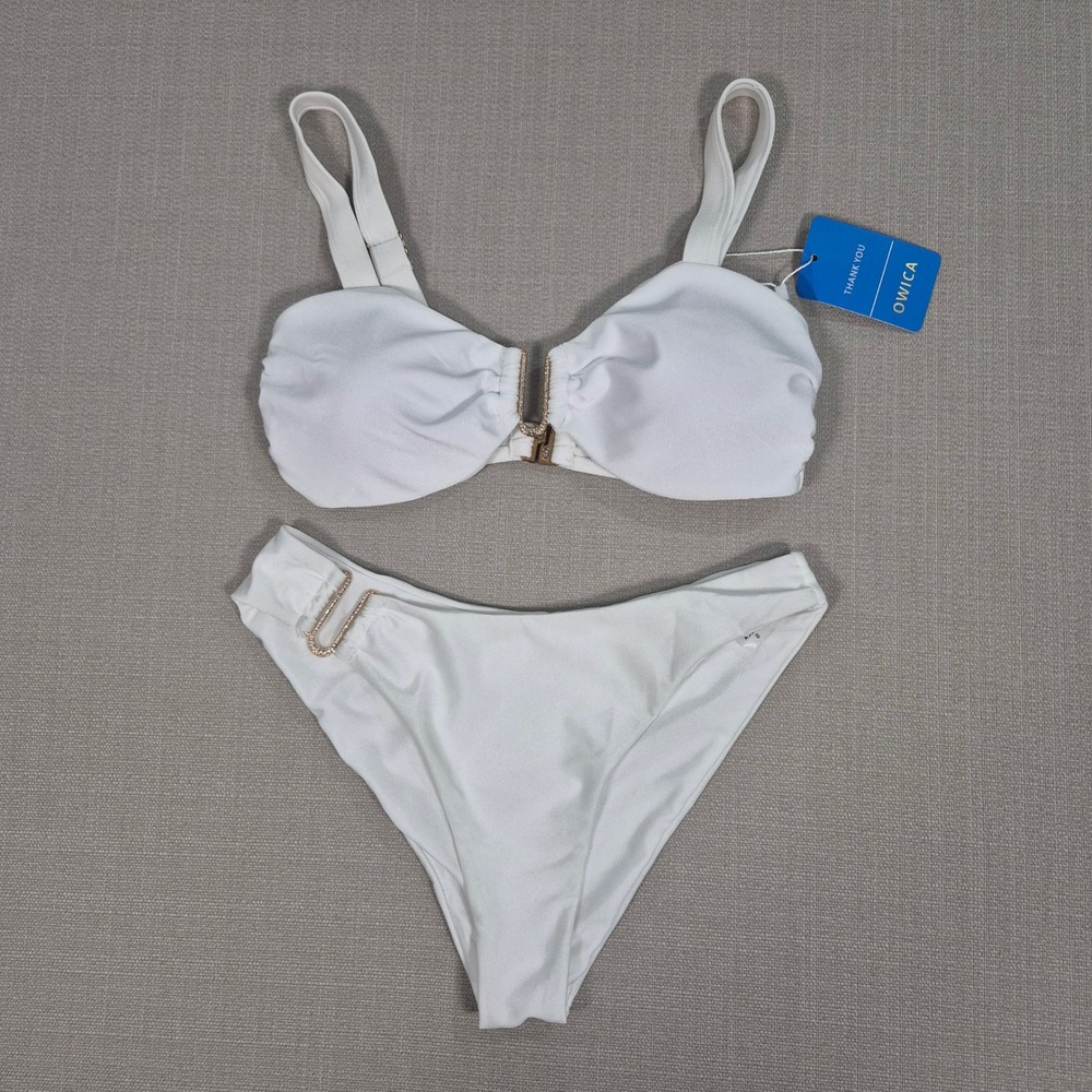 OWICA Women White Shiny Bikini Set Gold Hardware Two Piece Swimsuit Size S New
